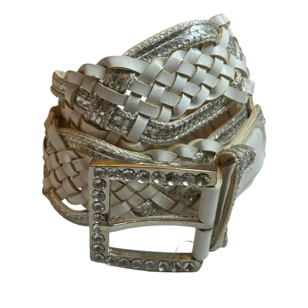 White Braided Boho Rhinestone Belt Sparkly Silver Y2K Glam Silver Tone Diva 33”